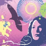 Female and bird in grunge design